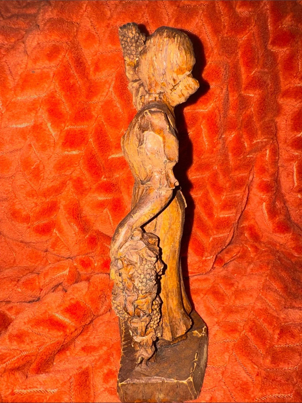 Vintage Hand-Carved Wooden Grape Harvest Lady Figurine / Wine Cellar Decor Art